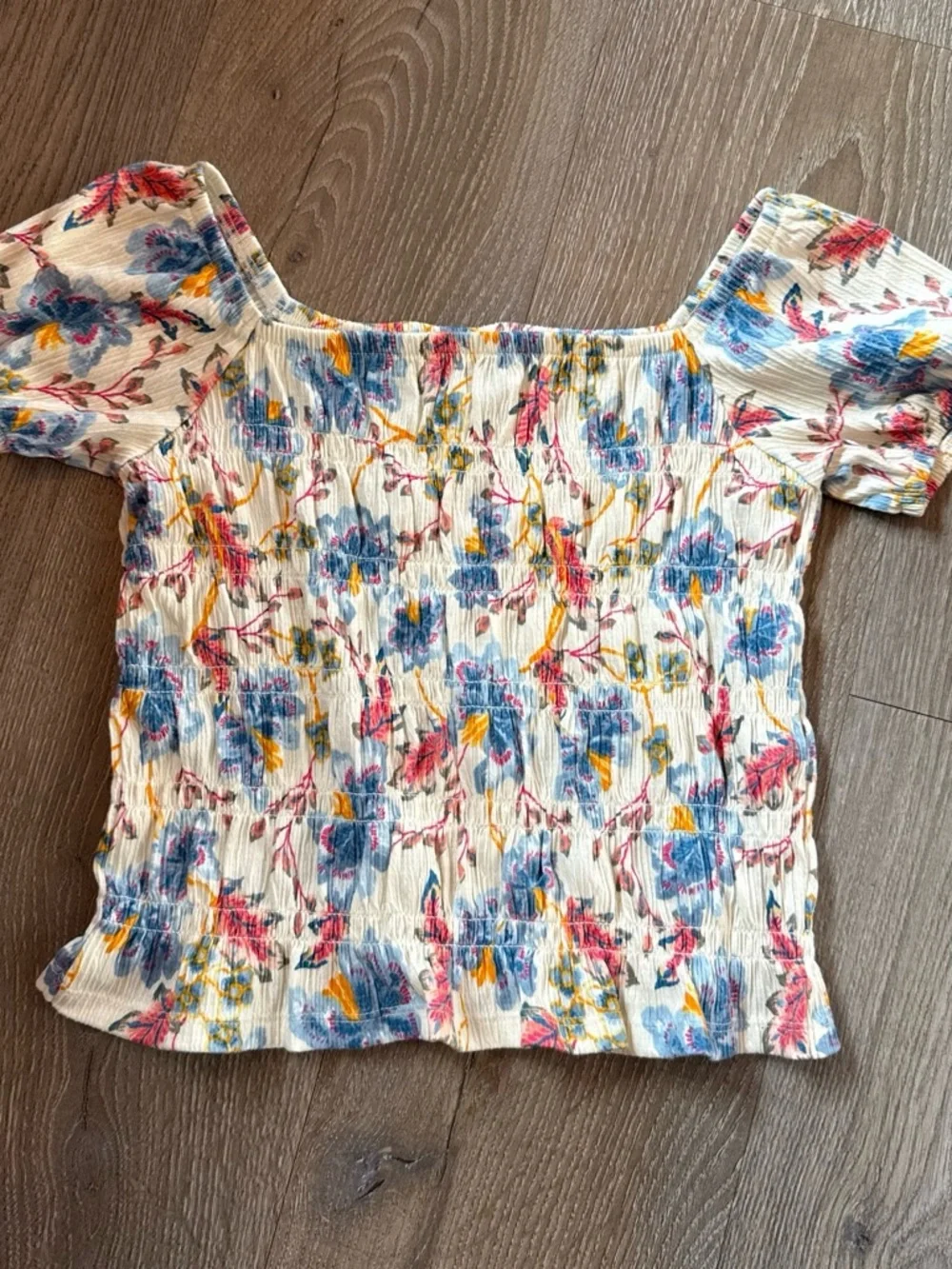 Old Navy Floral Smocked Off-Shoulder Crop Top in Cream, Blue and Pink